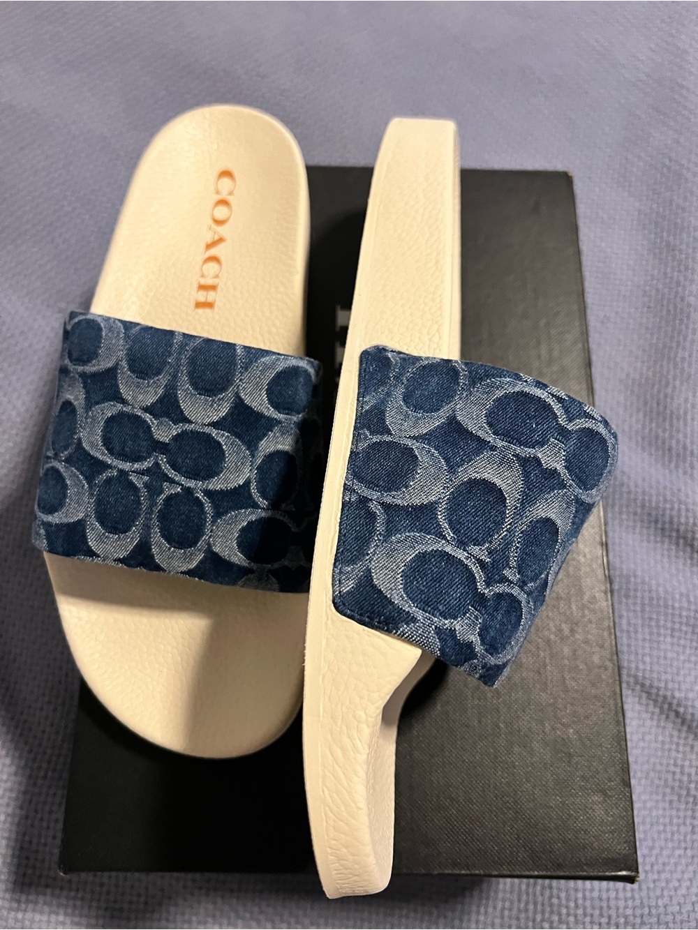 Coach Navy Denim Logo Slide Sandals with Cream Footbed - Picture 4 of 5